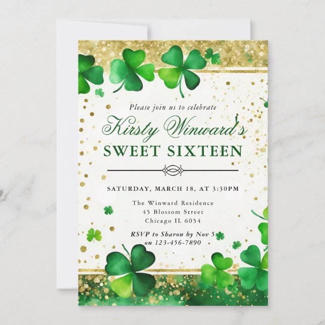 Watercolor Green and Gold Shamrock Sweet Sixteen Invitation (Front)
