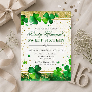 Watercolor Green and Gold Shamrock Sweet Sixteen Invitation
