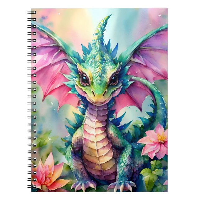 Watercolor Green and Pink Baby Dragon Notebook (Front)