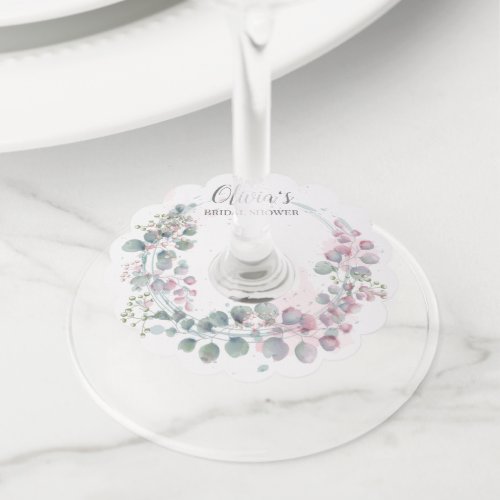 Watercolor Green and Pink Eucalyptus Leaves Wine Glass Tag