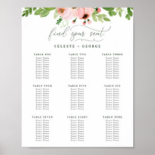Watercolor green and pink floral wedding seat plan poster