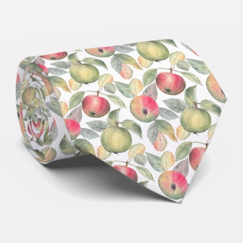 Watercolor Green and Red Ripe Orchard Apples Neck Tie
