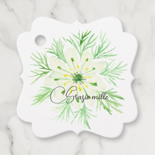 Watercolor Green and White Flower Grazie Mille Favor Tags