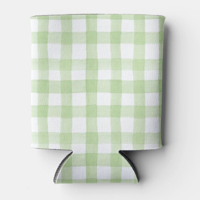 Watercolor Green and White Gingham Can Cooler (Front)