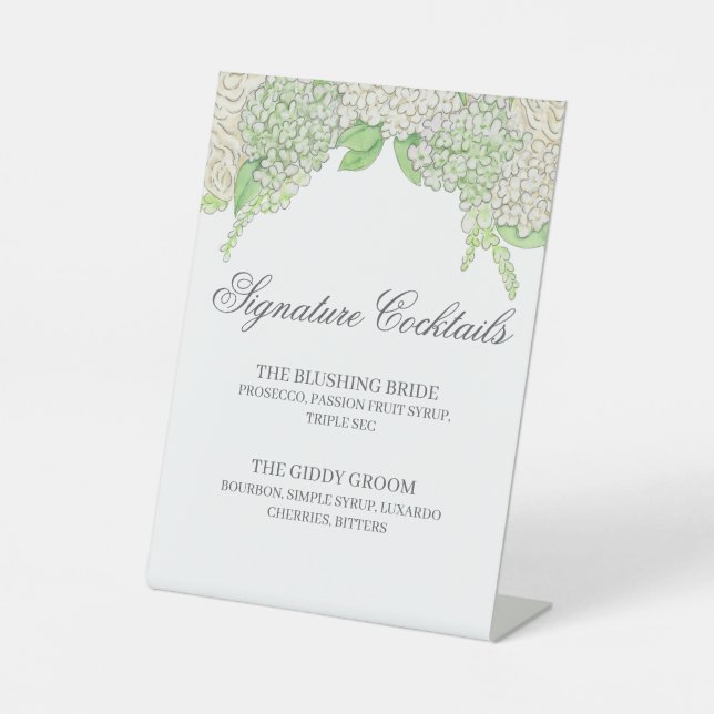 Watercolor Green and White Hydrangea Cocktail Menu Pedestal Sign (Front)