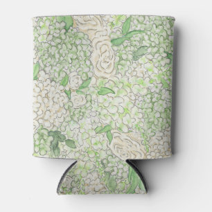 Watercolor Green and White Hydrangea Crest Can Cooler