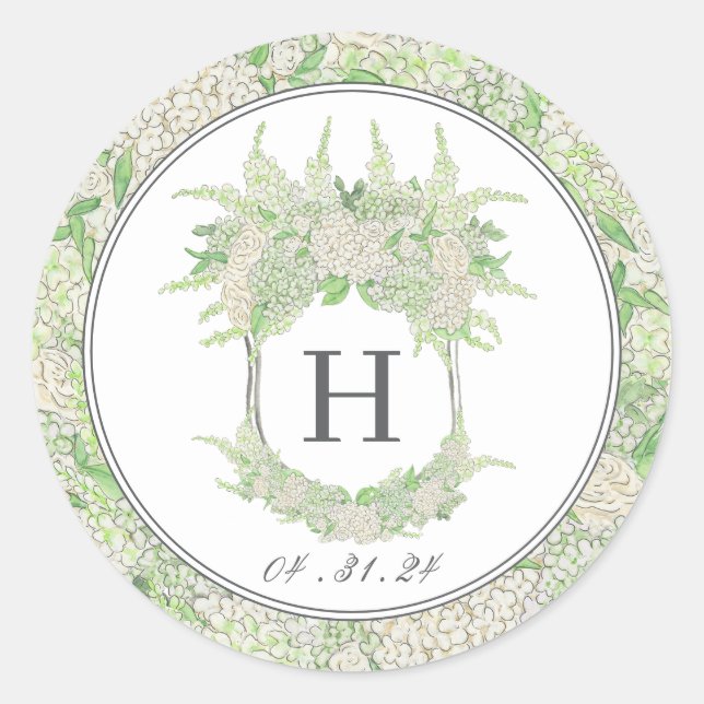 Watercolor Green and White Hydrangea Crest Classic Round Sticker (Front)