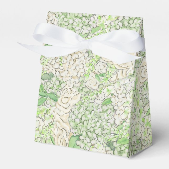 Watercolor Green and White Hydrangea Crest Favor Boxes (Front Side)