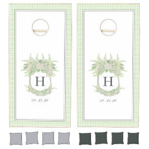 Watercolor Green and White Hydrangea Crest Gingham Cornhole Set
