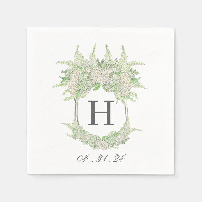 Watercolor Green and White Hydrangea Crest Napkins (Front)