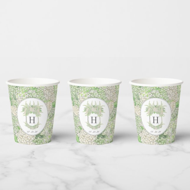 Watercolor Green and White Hydrangea Crest Paper Cups (Multi)