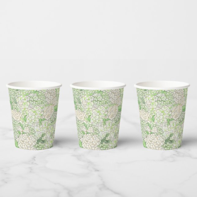 Watercolor Green and White Hydrangea Crest Paper Cups (Multi)