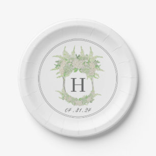 Watercolor Green and White Hydrangea Crest Paper Plates