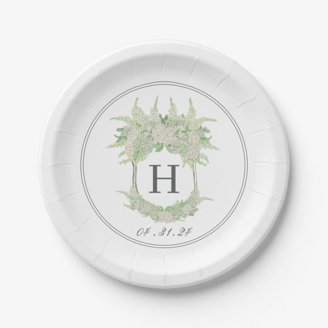 Watercolor Green and White Hydrangea Crest Paper Plates (Front)