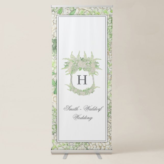 Watercolor Green and White Hydrangea Crest Retractable Banner (Front)