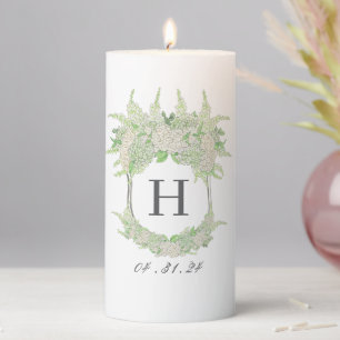 Watercolor Green and White Hydrangea Crest Unity Pillar Candle