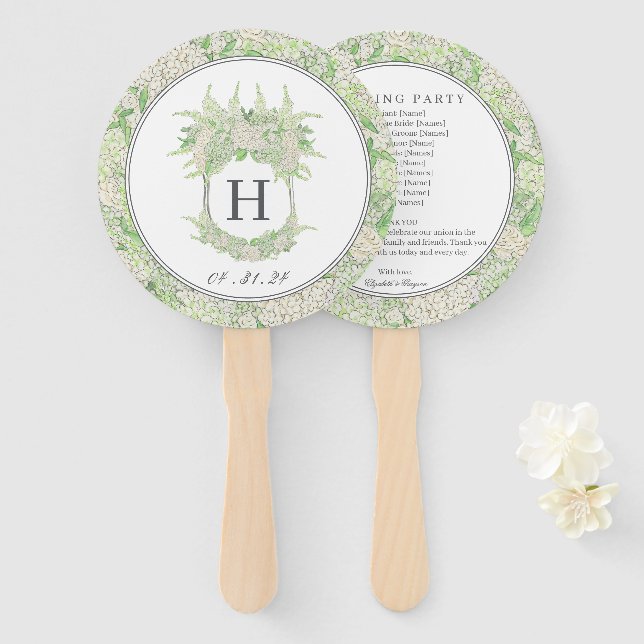 Watercolor Green and White Hydrangea Crest Wedding Hand Fan (Front and Back)