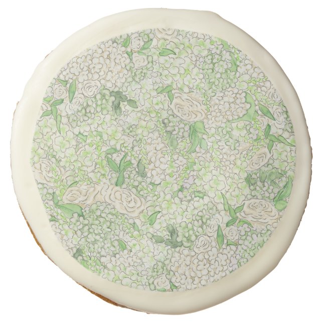 Watercolor Green and White Hydrangea  Sugar Cookie (Front)