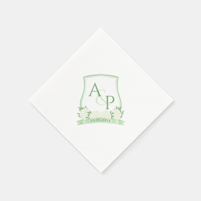 Watercolor Green And White Hydrangea Wedding Crest Napkins (Corner)