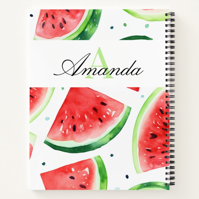 Watercolor Green and White Watermelon Monogramed Notebook (Back)