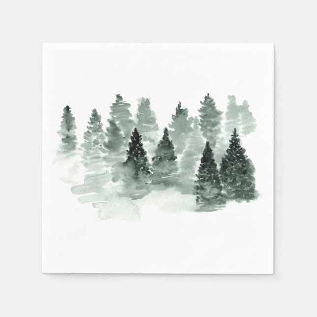 Watercolor Green and White Woodland Forest Wedding Napkins (Front)