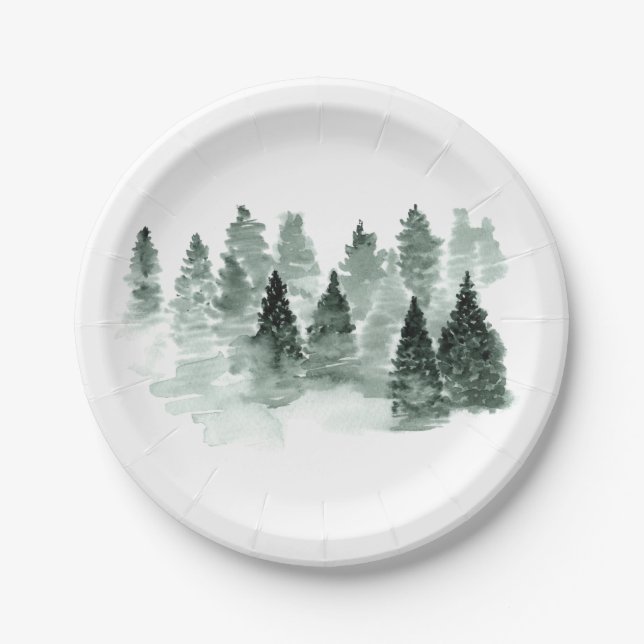 Watercolor Green and White Woodland Wedding Paper Plates (Front)