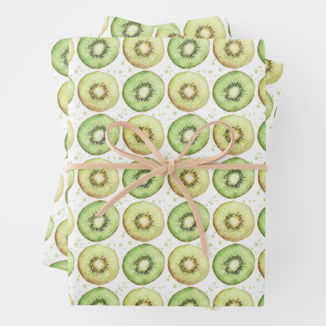 Watercolor Green and Yellow Kiwi Slices  Wrapping Paper Sheets (In situ)