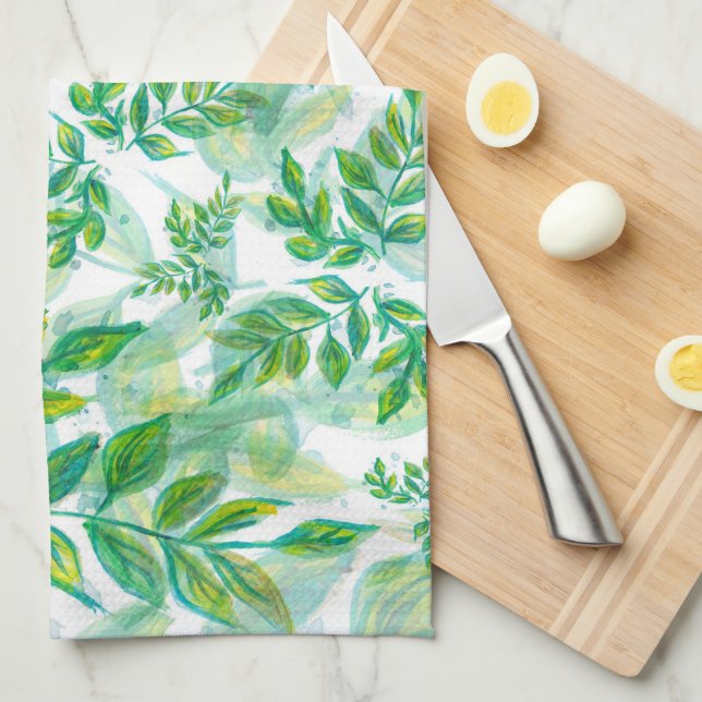Watercolor Green And Yellow Leaves Kitchen Towel (Quarter Fold)