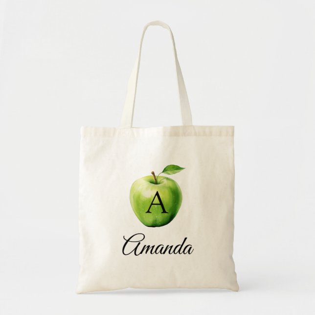 Watercolor Green Apple Name Monogramed Tote Bag (Front)