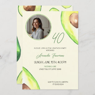Watercolor Green Avocado Photo Birthday Invitation