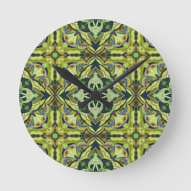 Watercolor Green Azulejo Spanish Tile  Round Clock (Front)