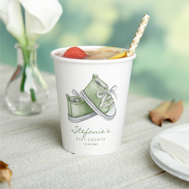 Watercolor Green Baby Booties Baby Shower Paper Cups (Insitu)