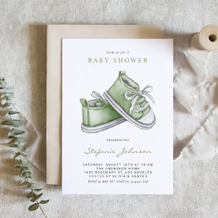 Watercolor Green Baby Booties QR Code Baby Shower Invitation