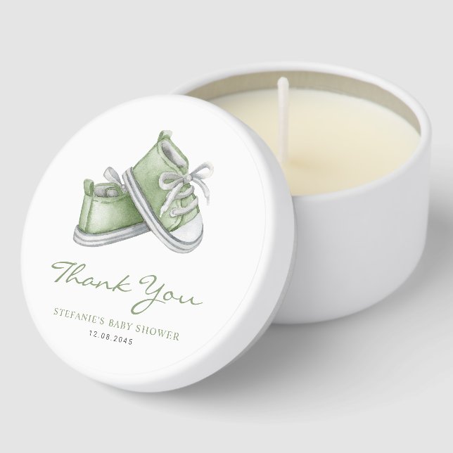 Watercolor Green Baby Shoes Baby Shower Thank You Mini Candle Favors (Corner)
