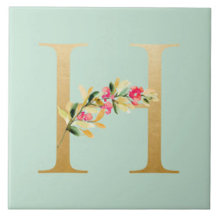 Watercolor green background faux golden H floral Ceramic Tile