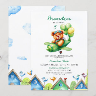 Watercolor Green Balloons Airplane 5th Birthday Invitation