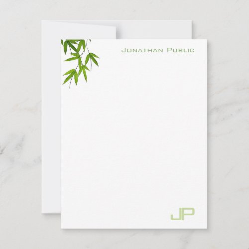 Watercolor Green Bamboo Leaves Monogram Modern Note Card