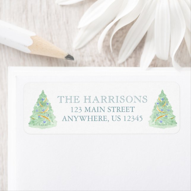 Watercolor Green & Blue Christmas Tree Address Label (Insitu)