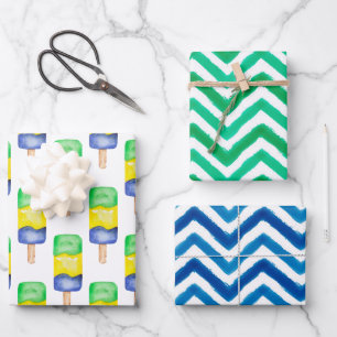 Watercolor Green & Blue Popsicle Chevron Wrapping Paper Sheets
