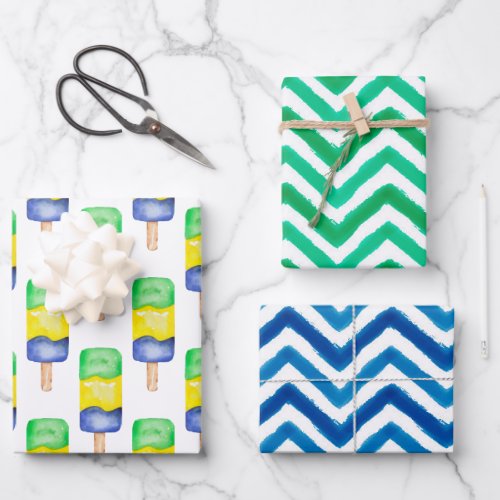 Watercolor Green  Blue Popsicle Chevron Wrapping Paper Sheets