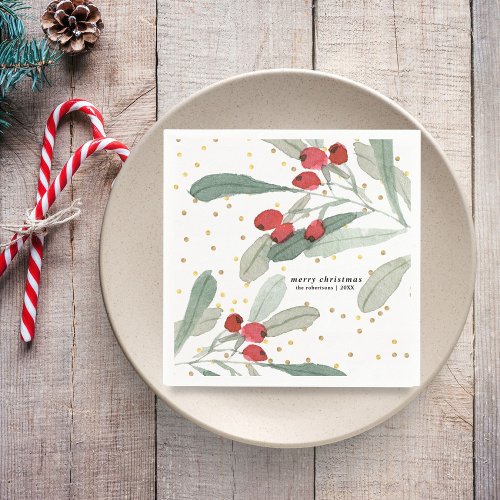 Watercolor Green Botanical Red Berries Custom Napkins