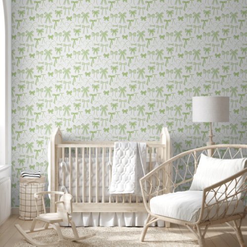 Watercolor Green Bow Baby Girl Nursery Wallpaper