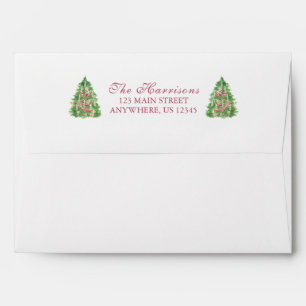 Watercolor Green & Burgundy Christmas Tree Address Envelope