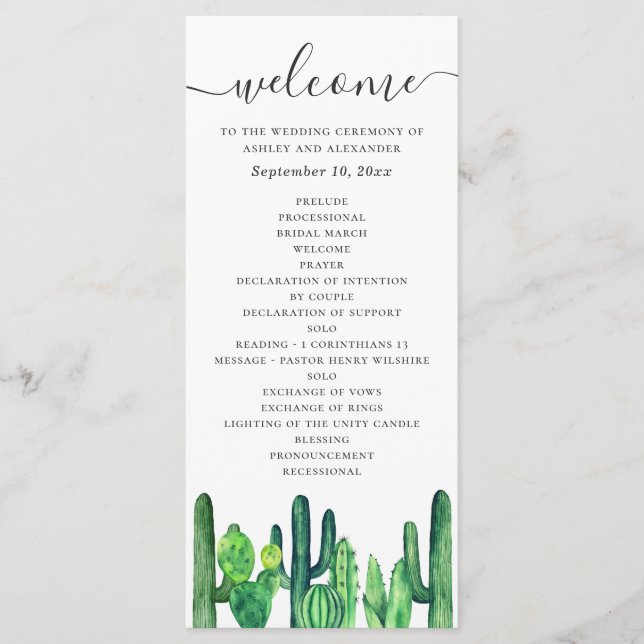 Watercolor green cactus and succulents wedding program (Front)