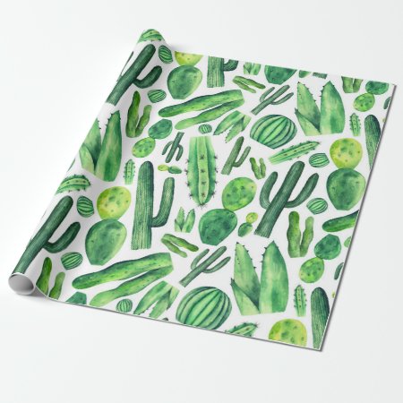 Watercolor Green Cactus Botanical Pattern Nature Wrapping Paper