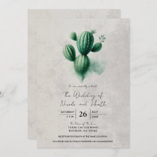 Watercolor Green Cactus Grey Southwest Wedding Invitation