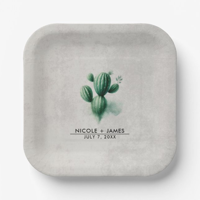 Watercolor Green Cactus Southwest Wedding Paper Plates (Front)