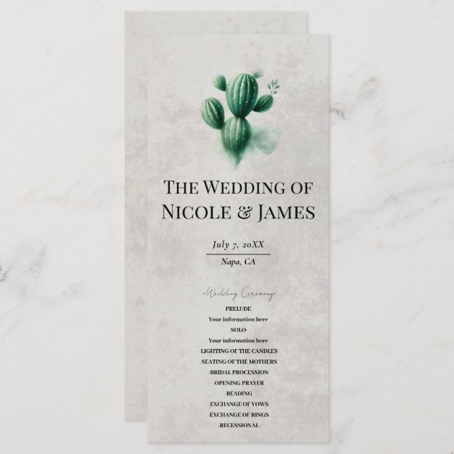 Watercolor Green Cactus Stone Grey Wedding Program (Front/Back)