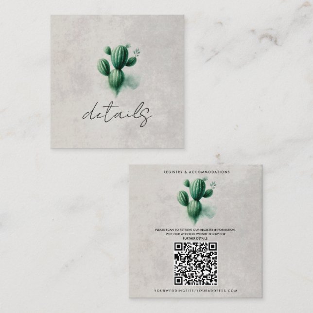Watercolor Green Cactus Wedding Details Square Business Card (Front/Back)