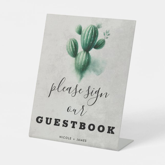 Watercolor Green Cactus Wedding Guestbook Sign (Front)